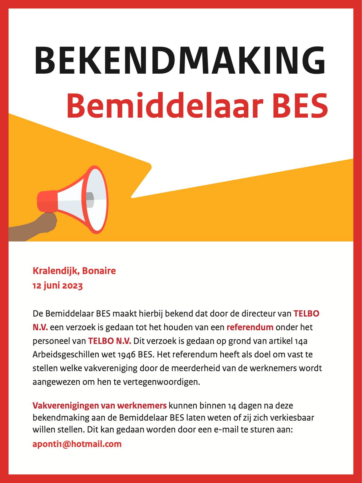 Bekendmaking Bemiddelaar BES | Advertentie - Bonaire.Nu