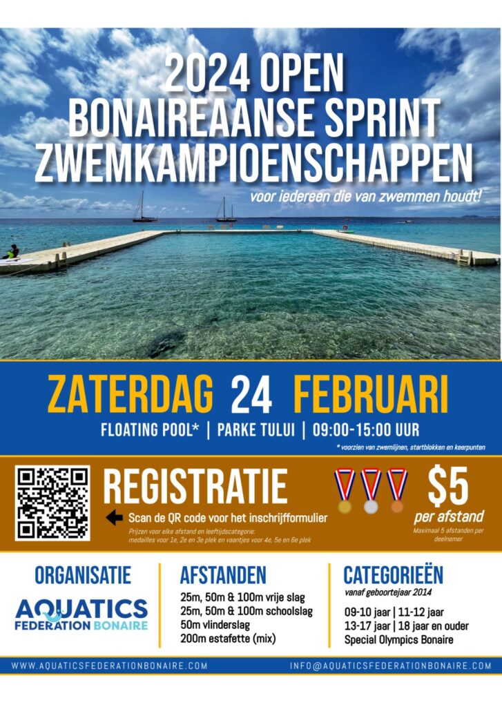 Het Open Bonairiaanse zwemkampioenschap wordt op 24 februari georganiseerd. 